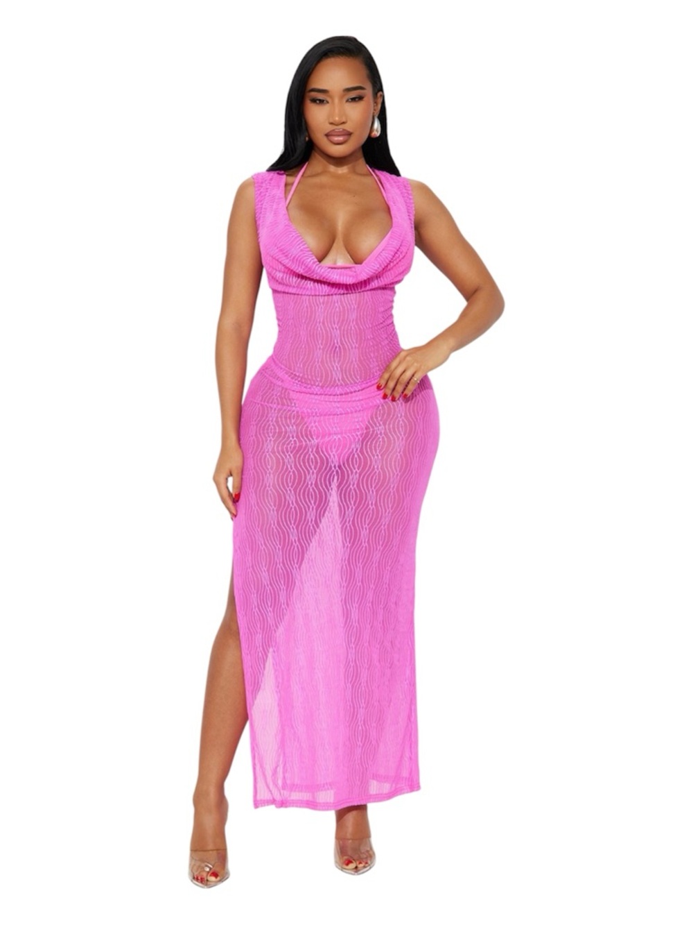 Pink Sheer Textured Maxi Swim Cover-Up Dress XL